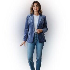 Dressbarn Blue Velvet Blazer with Gold Buttons